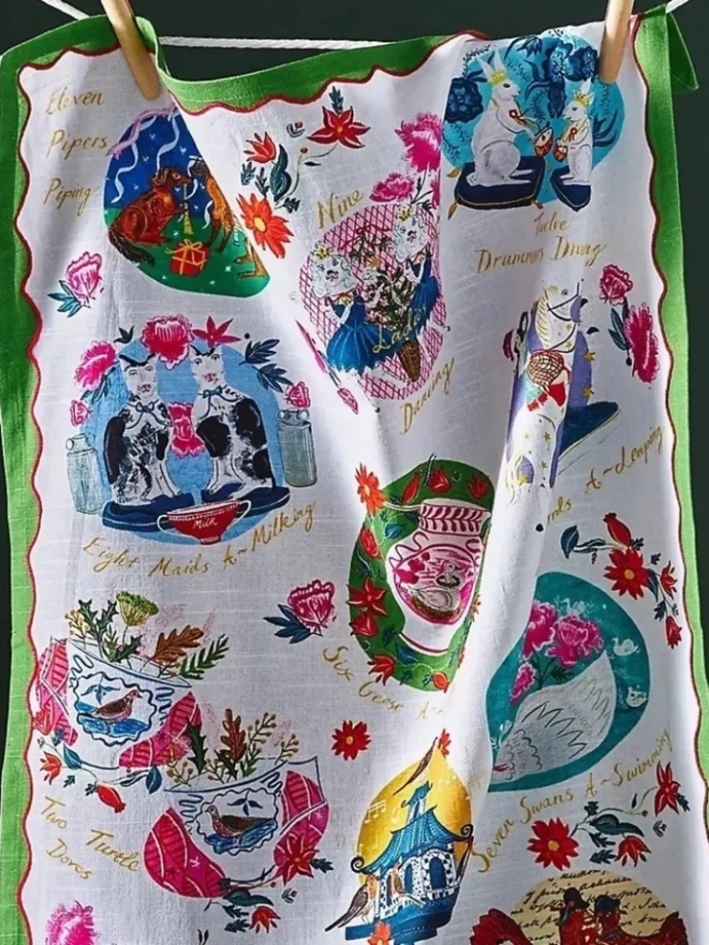 NWT Anthropologie Emily Maude 12 Days Christmas Dish Towel